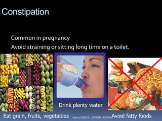 Constipation

   Common in pregnancy
   Avoid straining or sitting long time on a toilet.




                        Drink plenty water

Eat grain, fruits, vegetables                                Avoid fatty foods
                                Dept of OBGYN...SATNAM HOSPITAL
 