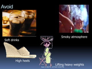 Avoid




                                                 Smoky atmosphere
 Soft drinks




         High heels
                                         Lifting heavy weights
                      Dept of OBGYN...SATNAM HOSPITAL
 