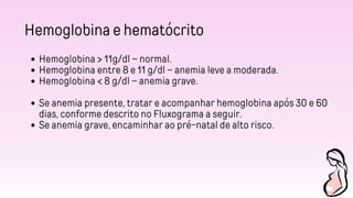 Hemoglobina e hematócrito
Hemoglobina > 11g/dl – normal.
Hemoglobina entre 8 e 11 g/dl – anemia leve a moderada.
Hemoglobina < 8 g/dl – anemia grave.
Se anemia presente, tratar e acompanhar hemoglobina após 30 e 60
dias, conforme descrito no Fluxograma a seguir.
Se anemia grave, encaminhar ao pré-natal de alto risco.
 