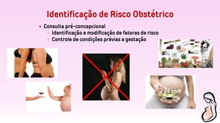 Identificação de Risco Obstétrico
Consulta pré-concepcional
Identificação e modificação de fatores de risco
Controle de condições prévias a gestação
 