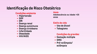 Identificação de Risco Obstétrico
Condições existente
Hipertensão
SOP
DM
Doença renal
Doença autoimune
Doença tiroideana
Infertilidade
Obesidade
HIV/AIDS
Idade
Adolescência ou idade >35
anos
Estilo de vida
Uso de álcool
Tabagismo
Condições da gravidez
Gestação múltipla
DMG
Pré-eclâmpsia/
eclâmpsia
 