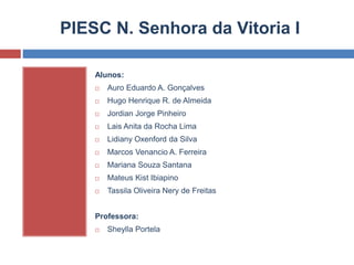 Alunos:
 Auro Eduardo A. Gonçalves
 Hugo Henrique R. de Almeida
 Jordian Jorge Pinheiro
 Lais Anita da Rocha Lima
 Lidiany Oxenford da Silva
 Marcos Venancio A. Ferreira
 Mariana Souza Santana
 Mateus Kist Ibiapino
 Tassila Oliveira Nery de Freitas
Professora:
 Sheylla Portela
PIESC N. Senhora da Vitoria I
 