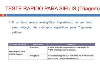 TESTE RAPIDO PARA SIFILIS (Triagem)
57
 É um teste imunocromatográfico, treponêmico, de uso único
para detecção de anticorpos específicos para Treponema
pallidum
 