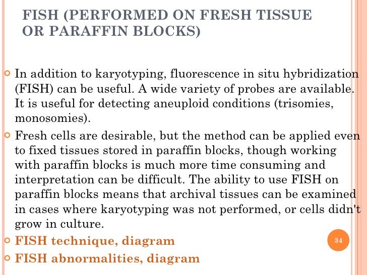 FISH (PERFORMED ON FRESH TISSUE OR PARAFFIN BLOCKS) <ul><li>In addition to karyotyping, fluorescence in situ hybridization...