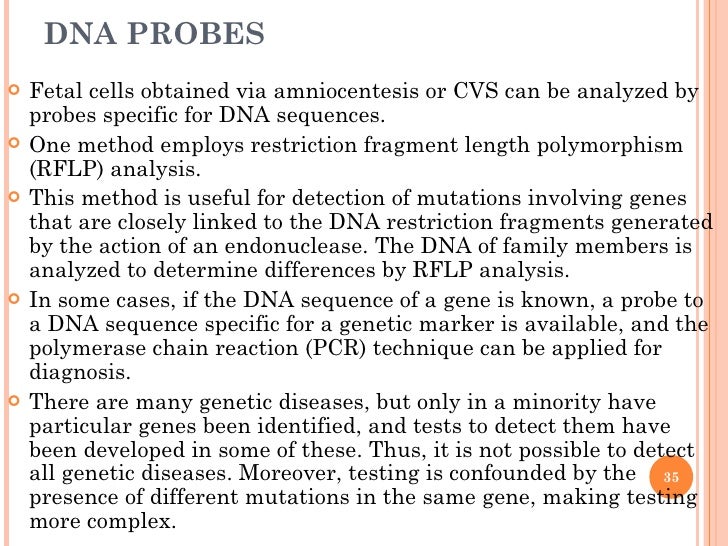 DNA PROBES <ul><li>Fetal cells obtained via amniocentesis or CVS can be analyzed by probes specific for DNA sequences.  </...