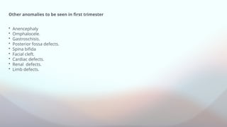 Other anomalies to be seen in first trimester
• Anencephaly
• Omphalocele.
• Gastroschisis.
• Posterior fossa defects.
• Spina bifida
• Facial cleft.
• Cardiac defects.
• Renal defects.
• Limb defects.
 