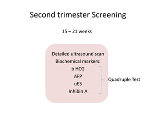 Second trimester Screening
15 – 21 weeks
Detailed ultrasound scan
Biochemical markers:
b HCG
AFP
uE3
Inhibin A
Quadruple Test
 