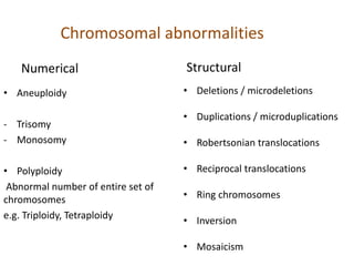 Chromosomal abnormalities
Numerical
• Aneuploidy
- Trisomy
- Monosomy
• Polyploidy
Abnormal number of entire set of
chromosomes
e.g. Triploidy, Tetraploidy
Structural
• Deletions / microdeletions
• Duplications / microduplications
• Robertsonian translocations
• Reciprocal translocations
• Ring chromosomes
• Inversion
• Mosaicism
 