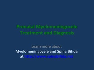 Prenatal Myelomeningocele
Treatment and Diagnosis
Learn more about
Myelomeningocele and Spina Bifida
at http://www.spinabifida.net
 