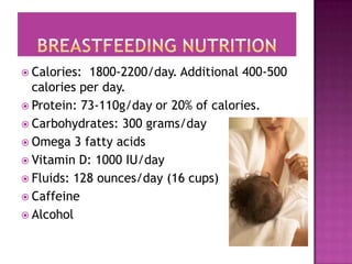  Calories: 1800-2200/day. Additional 400-500
calories per day.
 Protein: 73-110g/day or 20% of calories.
 Carbohydrates: 300 grams/day
 Omega 3 fatty acids
 Vitamin D: 1000 IU/day
 Fluids: 128 ounces/day (16 cups)
 Caffeine
 Alcohol
 