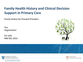 Family Health History and Clinical Decision
Support in Primary Care
Family History for Prenatal Providers
You
Organization
For who
MM DD, 2013
 