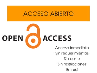 ACCESO ABIERTO
Acceso inmediato
Sin requerimientos
Sin coste
Sin restricciones
En red
 
