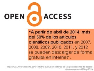 “A partir de abril de 2014, más
del 50% de los artículos
científicos publicados en 2007,
2008, 2009, 2010, 2011, y 2012
se pueden descargar de forma
gratuita en Internet”.
http://www.universoabierto.com/18051/la-evolucion-historica-de-las-publicaciones-de-acceso-
abierto-oa-entre-1996-y-2013/
 