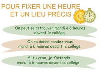 POUR FIXER UNE HEURE 
ET UN LIEU PRÉCIS 
On peut se retrouver mardi à 6 heures 
devant le collège 
On se donne rendez-vous 
mardi à 6 heures devant le collège 
Si tu veux, je t’attends 
mardi à 6 heures devant le collège 
 