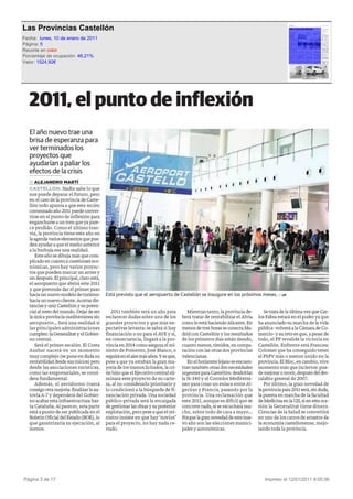Las Provincias Castellón
Fecha: lunes, 10 de enero de 2011
Página: 5
Recorte en color
Porcentaje de ocupación: 46,21%
Valor: 1524,92€




Página 3 de 17                      Impreso el 12/01/2011 9:05:56
 