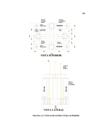 189
130239239
130 690 690 130
608
109239239109
696260260
1216 bocin
tubo 1"
ced 40
1638
bocin de
columnas
detalle1
columnas
rectangulares
detalle 2
Pie de
amigo
cilindro
embutidor
placa porta
cilindro 10mm
cilindro
de subida
detalle3
HEB260
VISTA SUPERIOR
VIGA
PRINCIPAL
VIGA
PRINCIPAL HEB260
acople de
piston
detalle 6
583
PILAR
PILAR
PLACA
PORTA
CILINDRO
478
956
1216
FIGURA 3.17 VISTAS DE ESTRUCTURA SUPERIOR
 