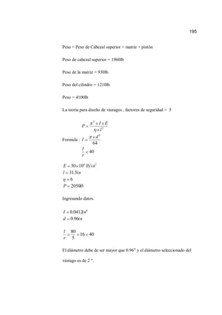 195
Peso = Peso de Cabezal superior + matriz + pistón
Peso de cabezal superior = 1960lb
Peso de la matriz = 930lb.
Peso del cilindro = 1210lb.
Peso = 4100lb
La teoría para diseño de vástagos , factores de seguridad > 5
Formula :
40
64
4
2
2
r
l
d
I
l
EI
P
lbP
inl
inlbE
2050
6
5.31
1030 26
Ingresando datos.
ind
inI
96.0
0412.0 4
4016
5
80
r
l
El diámetro debe de ser mayor que 0.96” y el diámetro seleccionado del
vástago es de 2 “.
 