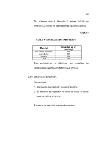 84
Sin embargo Juan j. Maluquier ( Manual del técnico
matricero), aconseja no sobrepasar los siguientes valores:
TABLA 4
TABLA VELOCIDADES DE EMBUTICIÓN
Material
Velocidad Ve en
(mm/seg)
Zinc y acero inoxidable. 200
Acero Dulce 280
Aluminio 500
Latón 750
Para embuticiones no cilíndricas, son preferibles las
velocidades pequeñas, alrededor de 2.5 cm/ seg. .
2.1.6 Esfuerzos de Embutición.
Se considera:
1- El esfuerzo de embutición propiamente dicho.
2- El esfuerzo del sujetador, es decir, la fuerza a aplicar
para inmovilizar el recorte.
Esfuerzos para embutir una plancha metálica.
 