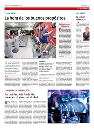 SÁBADO, 29 DE DICIEMBRE DE 2012                                                                                                                                                            dt comerç          13

                                                                                                                                                                                 dt salud & belleza

TENDENCIAS                                                                                                                                                                      APUNTES

La hora de los buenos propósitos                                                                                                                                                La opinión
                                                                                                                                                                                del experto
                                                                                                                                                                                P
                                                                                                                                                                                       ara poder conseguir las
                                                                                                                                                                                       metas fijadas para el nue-
                                                                                                                                        La importancia                                 vo año Mikah de Waart,
                                                                                                                                                                                coach personal y profesional,
                                                                                                                                          del deporte                           señala que


                                                                                                                                       P
                                                                                                                                             or qué será que el pro-            es elemental
                                                                                                                                             pósito más repetido por            que el indi-
                                                                                                                                             los españoles a las puer-          viduo bus-
                                                                                                                                       tas de 2013 es hacer deporte?            que su ver-
                                                                                                                                       Seguramente porque saben                 dadera mo-
                                                                                                                                       que practicar un deporte no              tivación, la
                                                                                                                                       sólo es un hábito saludable              que nace de
                                                                                                                                       sino una experiencia mode-               su ser inter-
                                                                                                                                       ladora del carácter y un po-             no. Para em-
                                                                                                                                       deroso medio transmisor de               pezar debe
                                                                                                                                       valores. La última encuesta              saber si con-
                                                                                                                                       sobre los hábitos deportivos             seguir ese
                                                                                                                                       en España asegura que los                objetivo es importante o super-
                                                                                                                                       hombres suelen practicar de-             ficial y preguntarse cómo se va
                                                                                                                                       porte como medio para el en-             a sentir si no lo logra y si no
                                                                                                                                       cuentro social, mientras las             hace nada por empezar a ha-
                                                                                                                                       mujeres lo hacen motivadas               cerlo realidad.
                                                                                                                                       por el deseo de mejorar su sa-             Para los retos considerados
                                                                                                                                       lud y estética. En España exis-          inalcanzables por su enverga-
                                                                                                                                       ten un total de 3.548.118 per-           dura, lo más recomendable es
                                                                                                                                       sonas federadas de las cuales            dividirlos en sub-objetivos más
                                                                                                                                       834.458 corresponden al fút-             pequeños que ayuden a ir lo-
                                                                                                                                       bol, deporte tradicionalmen-             grándolos paso a paso. Mikah
                                                                                                                                       te colectivo.                            de Waart dice que “solemos
                                                                                                                                                                                pensar en términos de éxito o
Deportistas haciendo ejercicio en un gimnasio. Hacer deporte es el propósito más repetido para 2013.                                                                            de fracaso, entendiendo por
                                                                                                                                                                                éxito sólo la consecución de
                                                                                                                                                                                nuestros objetivos. Por miedo
Según el estudio “Navidades                bres y un 57% de las mujeres asegu-                                                   familia es un elemento imprescindi-            al fracaso no actuamos. Hay
2012” de TNS, realizado con                ran que su propósito es hacer depor-        El 34% de los españoles se                ble, seguido de los amigos (83%).              que salir de la zona de confort
su herramienta PhoneBus®,                  te. El deseo es muy mayoritario entre       propone adelgazar al año                    Las tradicionales uvas y las campa-          y dar pasos, avanzar de lo co-
                                           los jóvenes de 15 a 24 años.                                                          nadas televisadas son imprescindibles          nocido a lo desconocido”.
el 59% de los españoles tiene                Por otra parte, el 34% de los españo-
                                                                                       que viene (un 39% en el                   para 8 de cada 10 españoles, especial-           Según este experto, uno de los
como propósito para 2013                   les se propone adelgazar al año que         caso de las mujeres) y un                 mente en el caso de las mujeres (un            principales factores que hace
hacer deporte, deseo muy                   viene (un 39% en el caso de las muje-       26% dice que quiere                       87% considera las uvas y un 85% las            que los propósitos de nuevo
                                           res) y un 26% dice que quiere estudiar      estudiar idiomas.                         campanadas imprescindibles).                   año no se cumplan es pensar
mayoritario entre los jóvenes              idiomas. Este es un propósito que                                                       La ropa interior roja es también una         que no se tiene responsabilidad
de 15 a 24 años (72%).                     aparece con fuerza en los colectivos                                                  tradición con mayor importancia en-            alguna en el hecho de que no
                                           más jóvenes: el 62% de los consulta-          Cuando se pregunta al mismo colec-      tre las féminas (24%).                         se logren.


M
           ás de la mitad de los españo-   dos de 15 a 24 años y el 40% de los de      tivo de personas sobre cómo van a           PhoneBus es el ómnibus telefónico              Tras formar a más de 20.000
           les (el 59%) quiere empezar     25 a 34 quieren aprender a expresar-        despedir el año, las conclusiones tam-    de TNS. A través de él, TNS accede             personas, Mikah de Waart afir-
           el nuevo año poniendo un        se en otras lenguas en 2013.                bién son coincidentes.                    cada 2 semanas a 1.000 individuos de           ma que hay cuatro razones
poco de ejercicio en sus vidas. Según        Dejar de fumar es un propósito a                                                    15 a 75 años. El uso del teléfono pro-         principales por las que no se
el último estudio de la consultora TNS,    cumplir en 2013 para el 16,5% de los        FAMILIA Y AMIGOS EN NOCHE VIEJA           porciona gran rapidez en la obtención          consiguen los própositos: no fi-
éste es el propósito que más se ha re-     españoles (un 24% en el caso de los de      La familia y los amigos son 2 elemen-     de las respuestas y total representati-        jar objetivos, no actuar para lo-
petido cuando se ha preguntado a los       25 a 34 años) y un 10% se propone en-       tos fundamentales en la Nochevieja        vidad de la muestra, ya que dispersa           grarlos, abandonar cuando
consumidores españoles por sus de-         contrar pareja, cifra algo superior en      de los españoles, y así, el 93% de los    las entrevistas por toda la geografía es-      aparece un problema y estar
seos para 2013. Un 61% de los hom-         los hombres (13%).                          españoles considera que estar con su      pañola (excepto Ceuta y Melilla) Q             falto de energía Q




CAMPAÑA DE PREVENCIÓN
Por una fiesta de Fin de Año
sin resaca ni abuso del alcohol

R
       egalos, comidas y alco-      se disfrute de la compañía fa-       cuencia de la crisis económica
       hol. Son los tres ingre-     miliar y se huya del consumo         e ha insistido en la necesidad
       dientes esenciales de las    compulsivo de alcohol. “Espe-        de que las fiestas navideñas sir-
celebraciones navideñas en la       ramos que sea una Navidad sin        van para “unirse a la familia” y
mayoría de hogares y de los         resaca. Es un momento de dis-        construir con ella momentos
que se abusa, sobre todo, de las    frute y nos gustaría que el alco-    de “esperanza” de cara a los
bebidas. Tomamos más copas          hol se colocara en el patrón         próximos años.
de las que deberíamos, espe-        mediterráneo que supone el             “Lo que nos preocupa es la
ciamente los jóvenes. Y para        poder tomarte una copa de            cultura del exceso alcohólico
evitarlo, o para concienciar a la   cava o de vino con la familia, en    que a veces se vende como
sociedad frente a estos excesos,    lugar de salir a la calle, beberse   inherente al estilo de vida y
la Fundación de Ayuda contra        siete copas en una hora y me-        ocio de los jóvenes. Trabajamos
la Drogadicción (FAD) lanza         dia y acabar en coma etílico”,       día a día para romper esa ne-
una campaña para evitar que         ha recalcado el director gene-       fasta asociación pero lo hace-
los jóvenes pasen sus vacacio-      ral de la FAD, Ignacio Calderón.     mos en un entorno completa-
nes entre copas.                       En este sentido, recuerda el      mente adverso”, insiste el direc-
  La FAD apuesta por una Na-        momento de “depresión y tris-        tor general. La campaña per-
vidad sin resaca, sin borrache-     teza” por el que está atravesan-     manecerá activa durante cua-
ras y comas etílicos y en la que    do la sociedad co-mo conse-          tro meses Q                         El consumo de alcohol se asocia al estilo de vida y ocio de los jóvenes.
 