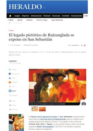 Prensa 2014 08 08 heraldo de aragón digital   el legado pictórico de ruizanglada se expone en san sebastián