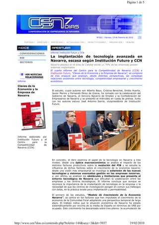 Apariciones en prensa del informe “Claves de la Economía y la Empresa Navarra” 4º informe del Centro para la Competitividad de Institución Futuro