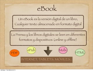 eBook
                               Un eBook es la versión digital de un libro,
                          Cualquier texto almacenado en formato digital


                    La Prensa y los libros digitales se leen en diferentes
                               formatos y dispositivos (online y ofﬂine)


                                     ePub                   Mobi
                   PDF                                                  HTML

                                 INTERNET, TABLETS, MÓVILES..


domingo, 17 de febrero de 13
 