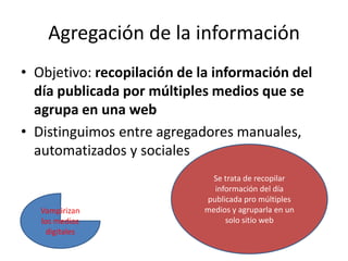 Agregación de la información
• Objetivo: recopilación de la información del
día publicada por múltiples medios que se
agrupa en una web
• Distinguimos entre agregadores manuales,
automatizados y sociales
Vampirizan
los medios
digitales
Se trata de recopilar
información del día
publicada pro múltiples
medios y agruparla en un
solo sitio web
 