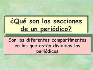 ¿Qué son las secciones
de un periódico?
¿Qué son las secciones
de un periódico?
Son los diferentes compartimentos
en los que están divididos los
periódicos
Son los diferentes compartimentos
en los que están divididos los
periódicos
 