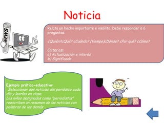 Noticia
                        Relata un hecho importante e insólito. Debe responder a 6
                        preguntas:

                        ¿Quién?¿Qué? ¿Cuándo? (tiempo)¿Dónde? ¿Por qué? ¿Cómo?

                        Criterios:
                        a) Actualización e interés
                        b) Significado




Ejemplo prático-educativo:
 Seleccionar dos noticias del periódico cada
día y leerlas en clase.
Los niños designados como "periodistas"
reescriben un resumen de las noticias con
palabras de los demás
 