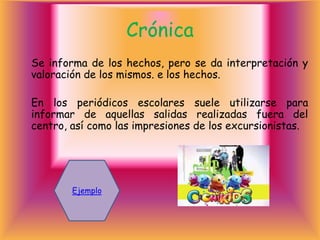 Crónica
Se informa de los hechos, pero se da interpretación y
valoración de los mismos. e los hechos.

En los periódicos escolares suele utilizarse para
informar de aquellas salidas realizadas fuera del
centro, así como las impresiones de los excursionistas.




        Ejemplo
 