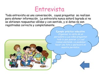 Entrevista
Toda entrevista es una conversación, cuyas preguntas se realizan
para obtener información . La entrevista nunca estará lograda si no
se obtienen respuestas válidas y con sentido, y si éstas no son
registradas correcta y completamente.

                                       Ejemplo práctico-educativo
                                          Organizar la visita de un
                                      periodista a Los niños preguntan
                                        todo lo que quieran. Lo cual
                                       iremos anotando. Le podemos
                                       hacer una foto y aparecerá en
                                             nuestro periódico.
 