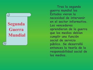 Tras la segunda guerra mundial los Estados vieron la necesidad de intervenir en el sector informativo. Los vencedores aprendieron de la guerra que los medios debían cumplir una función social de servicio público. Se desarrolló entonces la teoría de la responsabilidad social de los medios.  Segunda  Guerra  Mundial 