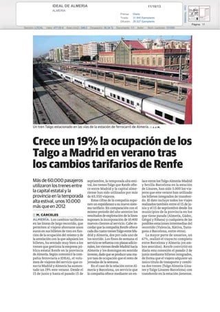 11/10/13IDEAL DE ALMERIA
ALMERIA
Prensa: Diaria
Tirada: 31.840 Ejemplares
Difusión: 26.527 Ejemplares
Página: 11
Sección: LOCAL Valor: 477,00 € Área (cm2): 348,0 Ocupación: 36,34 % Documento: 1/1 Autor: Núm. Lectores: 151000
Cód:75000682
 