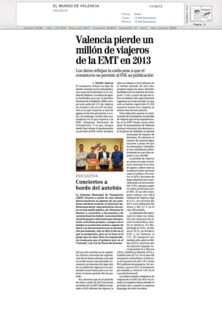 11/10/13EL MUNDO DE VALENCIA
VALENCIA
Prensa: Diaria
Tirada: 14.466 Ejemplares
Difusión: 10.646 Ejemplares
Página: 6
Sección: LOCAL Valor: 1.011,00 € Área (cm2): 329,7 Ocupación: 34,69 % Documento: 1/1 Autor: Núm. Lectores: 42584
Cód:74988635
 