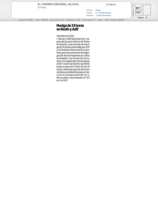 31/10/13

VITORIA
Prensa: Diaria
Tirada:
21.133 Ejemplares
Difusión: 17.082 Ejemplares

Cód: 75765304

EL CORREO ESPAÑOL (ALAVA)

Página: 18
Sección: LOCAL

Valor: 136,00 €

Área (cm2): 33,2

Ocupación: 3,8 %

Documento: 1/1

Autor:

Núm. Lectores: 68328

 