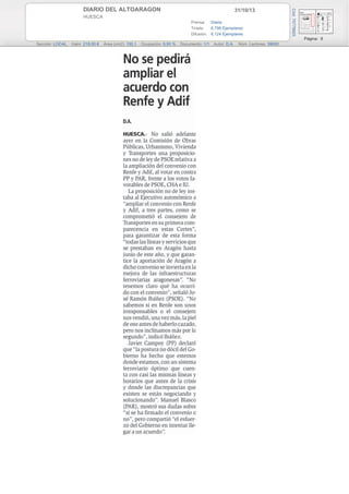 31/10/13

HUESCA
Prensa: Diaria
Tirada:
6.798 Ejemplares
Difusión: 6.124 Ejemplares

Cód: 75778925

DIARIO DEL ALTOARAGON

Página: 8
Sección: LOCAL

Valor: 218,00 €

Área (cm2): 100,1

Ocupación: 9,93 %

Documento: 1/1

Autor: D.A.

Núm. Lectores: 39000

 