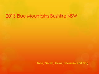 2013 Blue Mountains Bushfire NSW

Jane, Sarah, Hazel, Vanessa and Jing

 