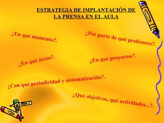 ESTRATEGIA DE IMPLANTACIÓN DE
LA PRENSA EN EL AULA
¿En qué momento?.
¿Por parte de qué profesores?.
¿En qué áreas?.
¿En qué proyectos?.
¿Con qué periodicidad y sistematización?.
¿Qué objetivos, qué actividades...?.
 