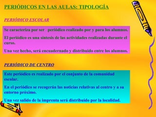 PERIÓDICOS EN LAS AULAS: TIPOLOGÍA
Se caracteriza por ser periódico realizado por y para los alumnos.
El periódico es una síntesis de las actividades realizadas durante el
curso.
Una vez hecho, será encuadernado y distribuido entre los alumnos.
Este periódico es realizado por el conjunto de la comunidad
escolar.
En el periódico se recogerán las noticias relativas al centro y a su
entorno próximo.
Una vez salido de la imprenta será distribuido por la localidad.
PERIÓDICO ESCOLAR
PERIÓDICO DE CENTRO
 
