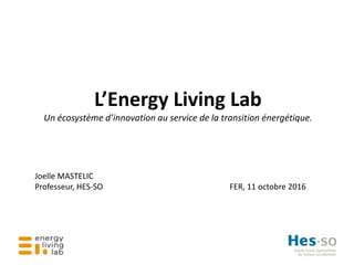 L’Energy Living Lab
Un écosystème d’innovation au service de la transition énergétique.
Joelle MASTELIC
Professeur, HES-SO FER, 11 octobre 2016
 