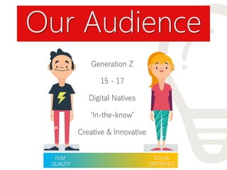 Our Audience
FILM
QUALITY
SOCIAL
EXPERIENCE
Generation Z
15 - 17
Digital Natives
Creative & Innovative
‘In-the-know’
 
