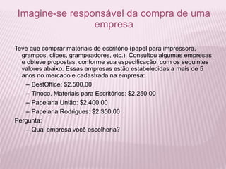 Imagine-se responsável da compra de uma
empresa
Teve que comprar materiais de escritório (papel para impressora,
grampos, clipes, grampeadores, etc.). Consultou algumas empresas
e obteve propostas, conforme sua especificação, com os seguintes
valores abaixo. Essas empresas estão estabelecidas a mais de 5
anos no mercado e cadastrada na empresa:
– BestOffice: $2.500,00
– Tinoco, Materiais para Escritórios: $2.250,00
– Papelaria União: $2.400,00
– Papelaria Rodrigues: $2.350,00
Pergunta:
– Qual empresa você escolheria?
 