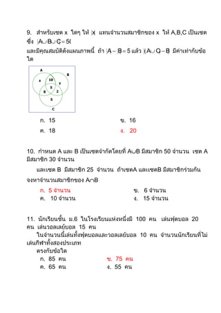 9. สาหรับเซต x ใดๆ ให้ x แทนจานวนสมาชิกของ x ให้ A,B,C เป็นเซต
ซึ่ง A B C  50
และมีคุณสมบัติดังแผนภาพนี้ ถ้า A  B  5 แล้ว  A C  B มีค่าเท่ากับข้อ
                                                    
ใด
     A
                          B
    x        10
                      y
             5
         8        2

             5

              C


     ก. 15                           ข. 16
     ค. 18                           ง. 20


10. กาหนด A และ B เป็นเซตจากัดโดยที่ AB มีสมาชิก 50 จานวน เซต A
มีสมาชิก 30 จานวน
   และเซต B มีสมาชิก 25 จานวน ถ้าเซตA และเซตB มีสมาชิกร่วมกัน
จงหาจานวนสมาชิกของ AB
     ก. 5 จานวน                            ข. 6 จานวน
     ค. 10 จานวน                           ง. 15 จานวน


11. นักเรียนชั้น ม.6 ในโรงเรียนแห่งหนึ่งมี 100 คน เล่นฟุตบอล 20
คน เล่นวอลเลย์บอล 15 คน
    ในจานวนนี้เล่นทั้งฟุตบอลและวอลเลย์บอล 10 คน จานวนนักเรียนที่ไม่
เล่นกีฬาทั้งสองประเภท
    ตรงกับข้อใด
      ก. 85 คน                 ข. 75 คน
      ค. 65 คน                 ง. 55 คน
 