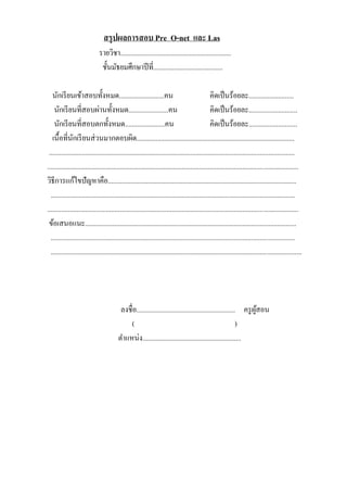 สรุปผลการสอบ Pre O-net และ Las
                              รายวิชา................................................................
                               ชั้นมัธยมศึกษาปี ที่........................................

   นักเรี ยนเข้าสอบทั้งหมด..........................คน                                        คิดเป็ นร้อยละ..........................
    นักเรี ยนที่สอบผ่านทั้งหมด.......................คน                                       คิดเป็ นร้อยละ............................
    นักเรี ยนที่สอบตกทั้งหมด.......................คน                                         คิดเป็ นร้อยละ............................
   เนื้อที่นกเรี ยนส่ วนมากตอบผิด...........................................................................................
               ั
 ..............................................................................................................................................
.................................................................................................................................................
วิธีการแก้ไขปัญหาคือ.............................................................................................................
  .............................................................................................................................................
.................................................................................................................................................
 ข้อเสนอแนะ..........................................................................................................................
  .............................................................................................................................................
  .................................................................................................................................................




                                          ลงชื่อ......................................................... ครู ผสอน
                                                                                                               ู้
                                             (                                                           )
                                         ตาแหน่ง.........................................................
 