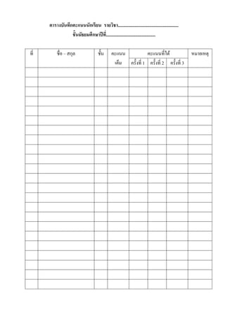 ตารางบันทึกคะแนนนักเรียน รายวิชา......................................................
                 ชั้นมัธยมศึกษาปี ที.่ ...........................................

ที่       ชื่อ – สกุล                 ชั้น     คะแนน           คะแนนที่ได้                     หมายเหตุ
                                                เต็ม ครั้งที่ 1 ครั้งที่ 2 ครั้งที่ 3
 
