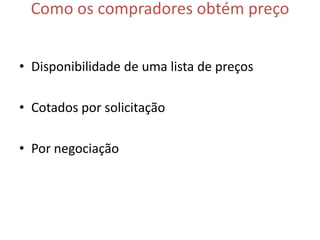 Como os compradores obtém preço


• Disponibilidade de uma lista de preços

• Cotados por solicitação

• Por negociação
 