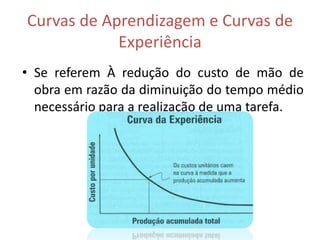 Curvas de Aprendizagem e Curvas de
            Experiência
• Se referem À redução do custo de mão de
  obra em razão da diminuição do tempo médio
  necessário para a realização de uma tarefa.
 