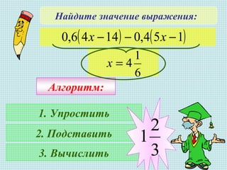 Найдите значение выражения:
( ) ( )154,01446,0 −−− хх
6
1
4=х
Алгоритм:
1. Упростить
2. Подставить
3. Вычислить 3
2
1
 