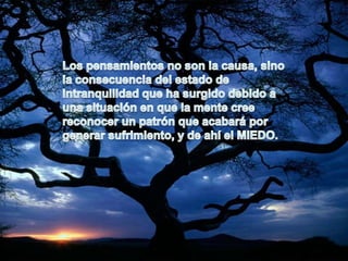 Los pensamientos no son la causa, sino la consecuencia del estado de intranquilidad que ha surgido debido a una situación en que la mente cree reconocer un patrón que acabará por generar sufrimiento, y de ahí el MIEDO.