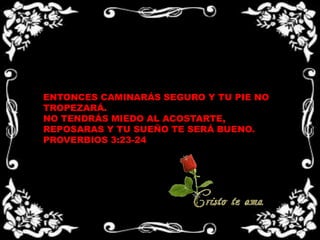 ENTONCES CAMINARÁS SEGURO Y TU PIE NO TROPEZARÁ.NO TENDRÁS MIEDO AL ACOSTARTE, REPOSARAS Y TU SUEÑO TE SERÁ BUENO.PROVERBIOS 3:23-24